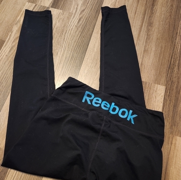 REEBOK  Yoga Pants Black with Blue Reebok Logo Size Small - Picture 1 of 3